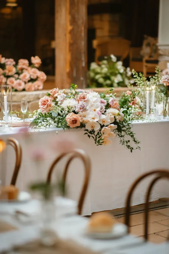 Pink, peach and white flowers with trailing greenery decorating a bridal table.